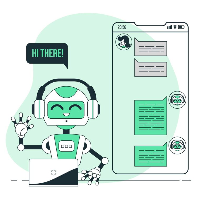 Illustration of a friendly chatbot robot answering messages